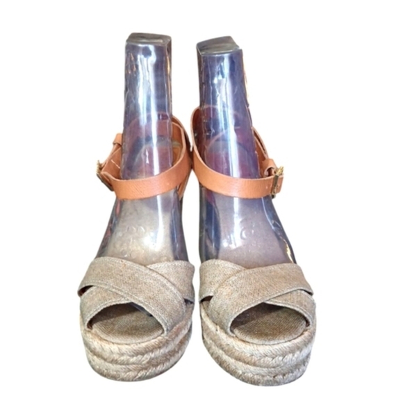 Tory Burch Espagrille Wedges Tan Open Toe Ankle Strap Sandals Size 9 B - Picture 3 of 13